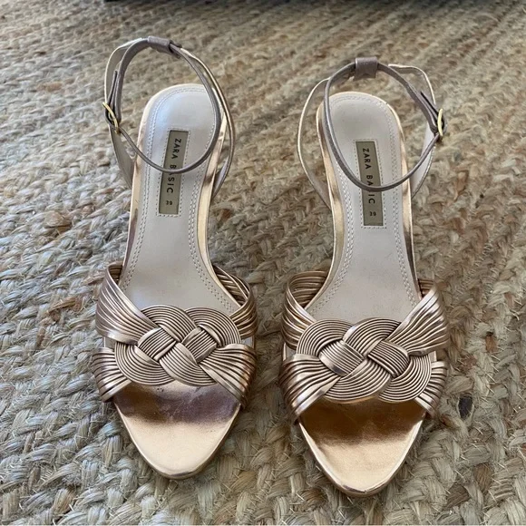 Zara Rose Gold Knot Braided Heels with Ankle Strap - Picture 7 of 11
